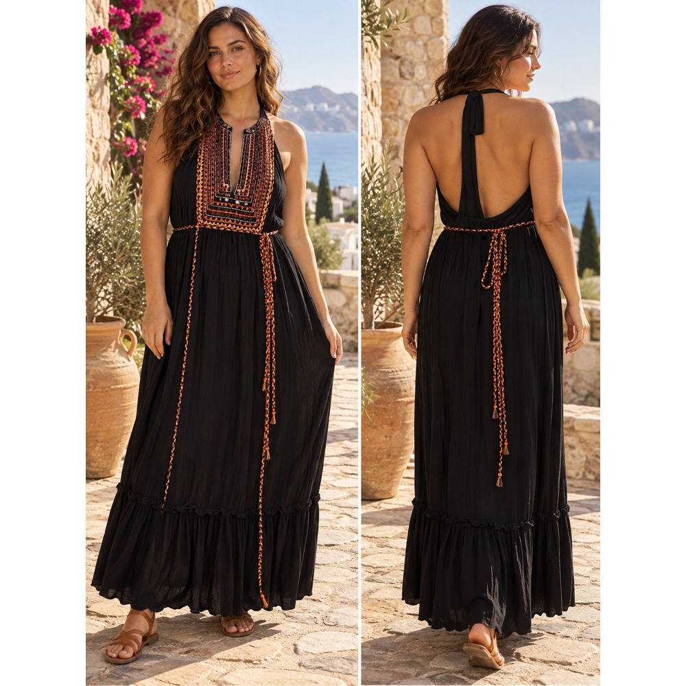 THEME Embroidered Halter Maxi Dress Womens L Black Orange Romantic Boho Festival